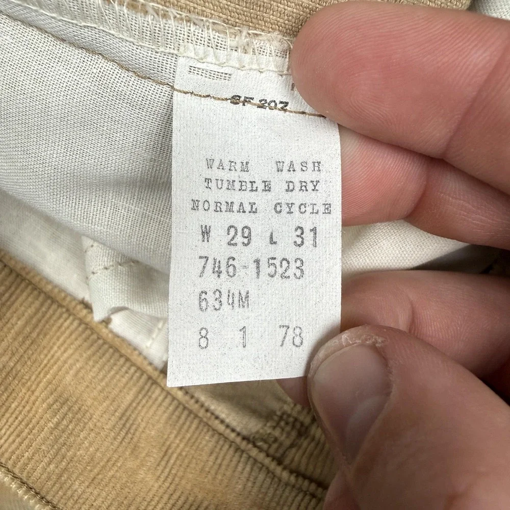 Vintage Levi's Pants Mens 29x31 Beige Khaki Corduroy Bootcut 5 Pocket 70s